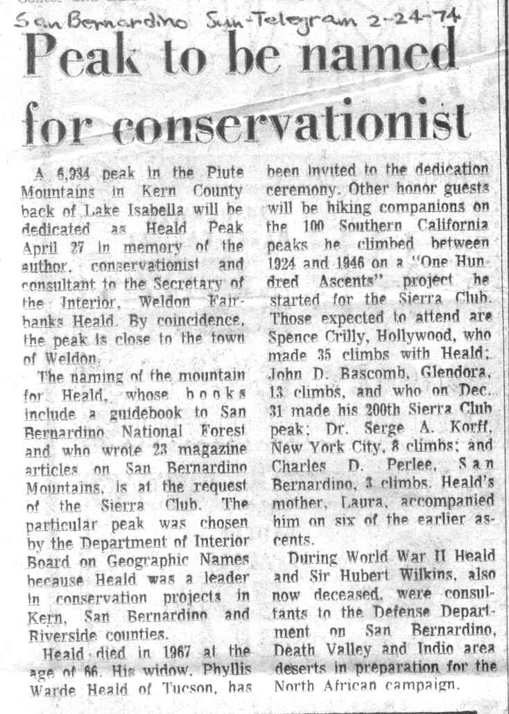 1974 newspaper article about Weldon Heald upon the naming of Heald Peak