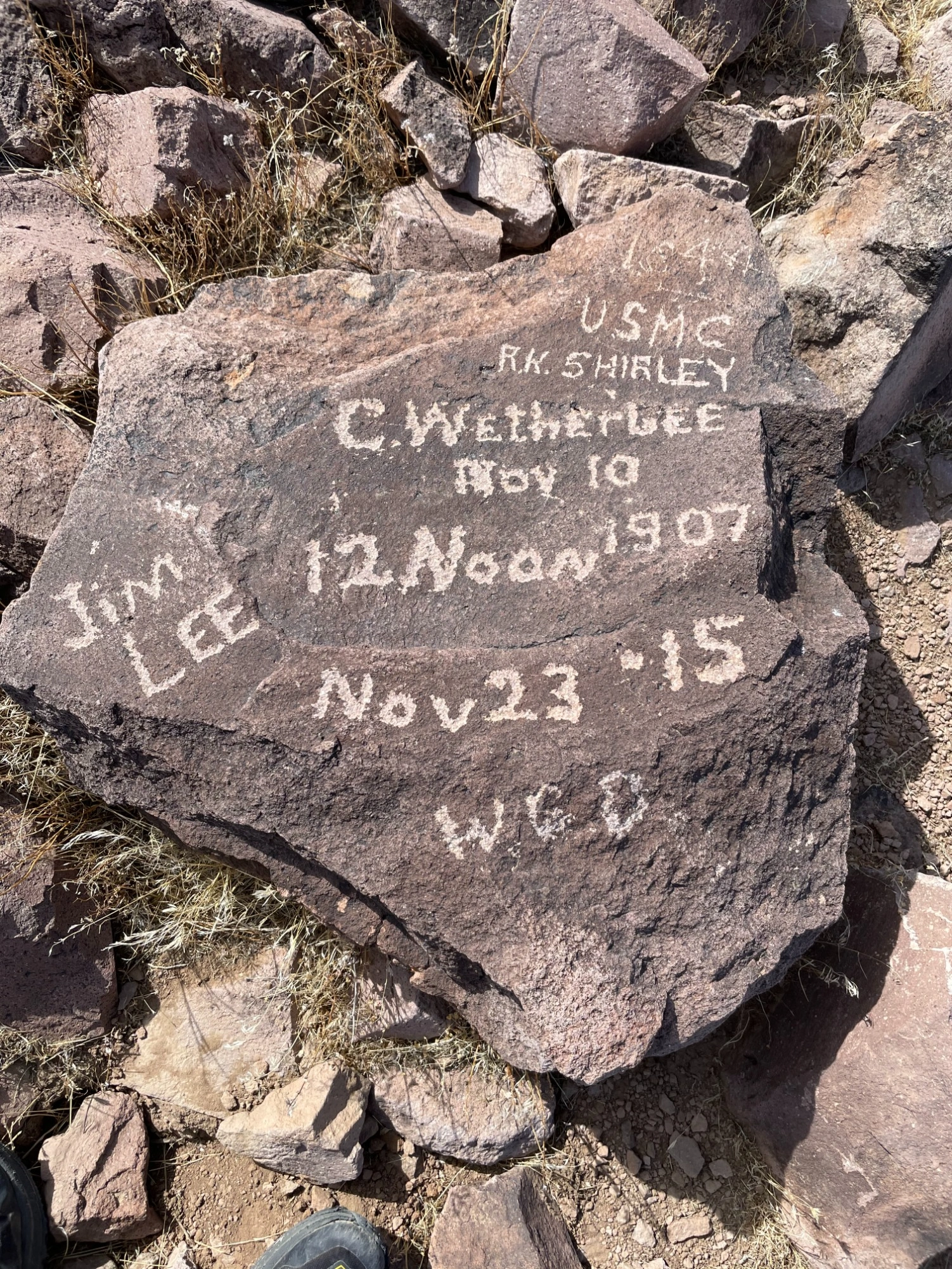 Red Mountain summit graffiti, left by original USGS survey team