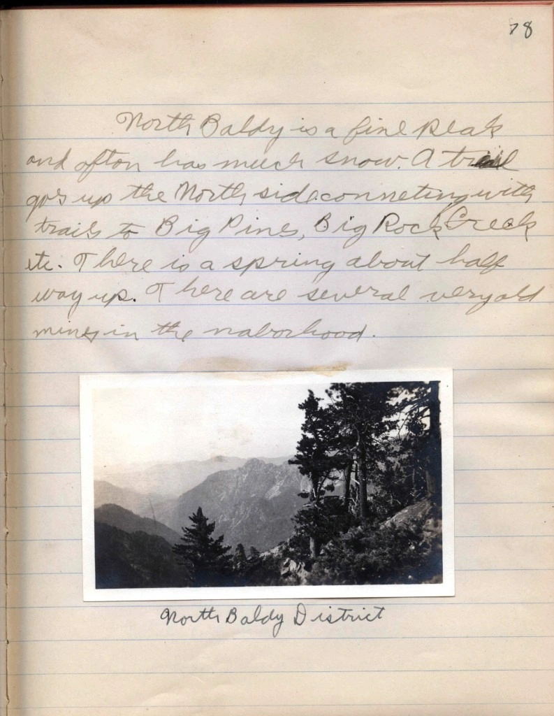 Notes from the diary of Sierra club legend Glenn Dawson describing a climb of Mount Baden Powell (then called West Baldy) at age 13