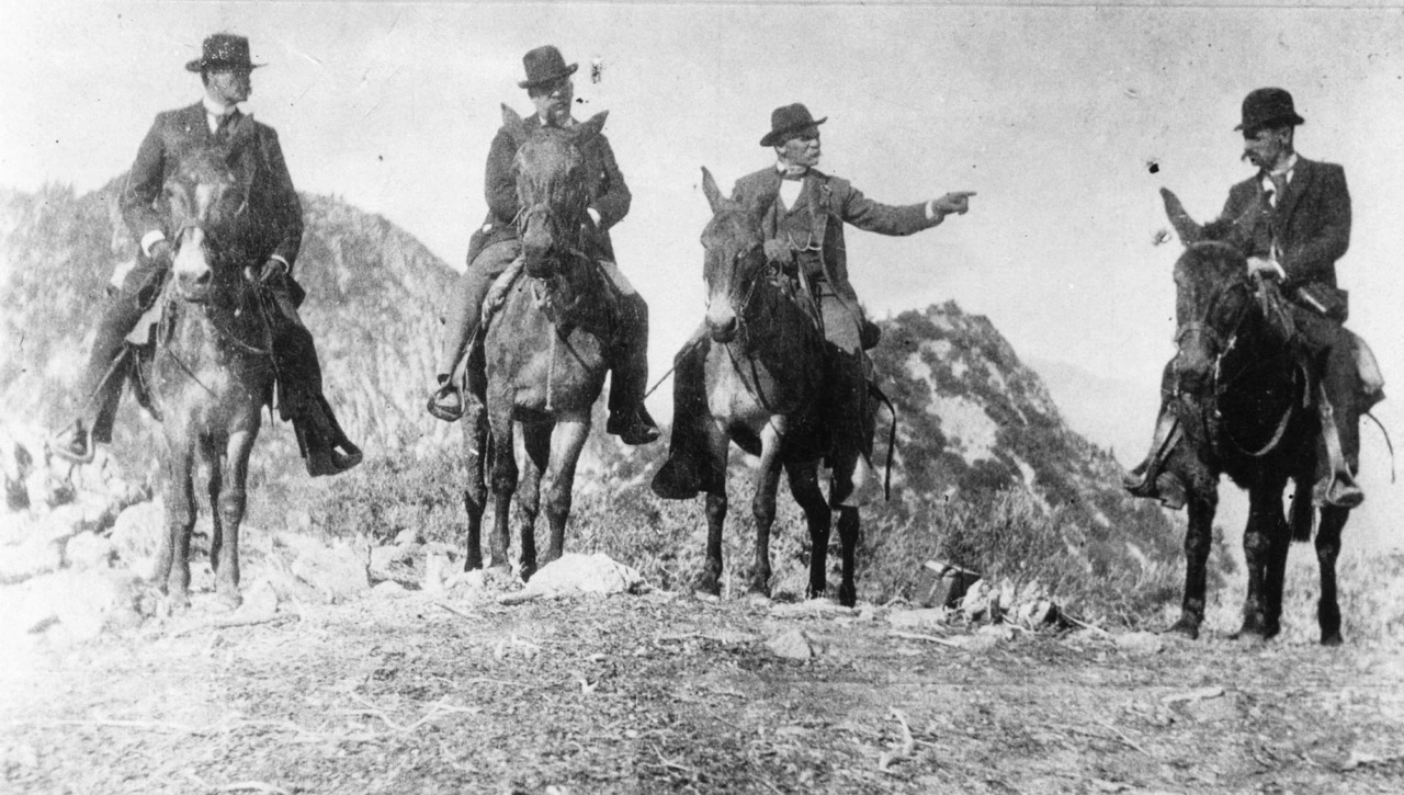 1893 Photo on Top of Mount Lowe, California Governor H.H. Markham on Left, Professor Thadeus S.C. Lowe Third From Left. Behind, Left San Gabriel Peak, Right Future Mount Markham