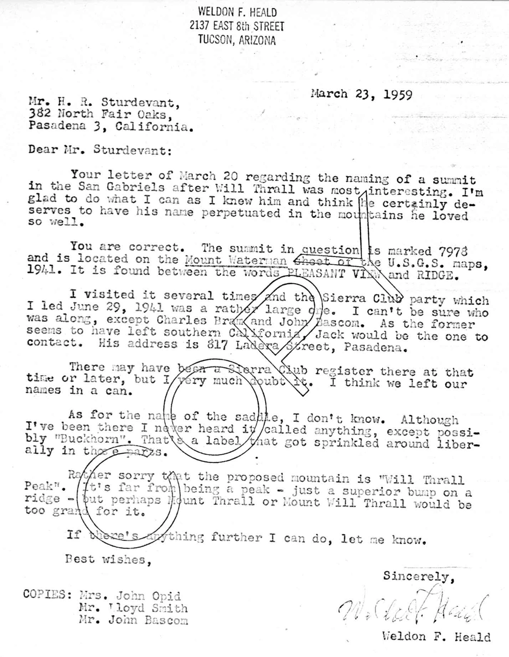 Letter from Weldon Heald about naming Will Thrall Peak