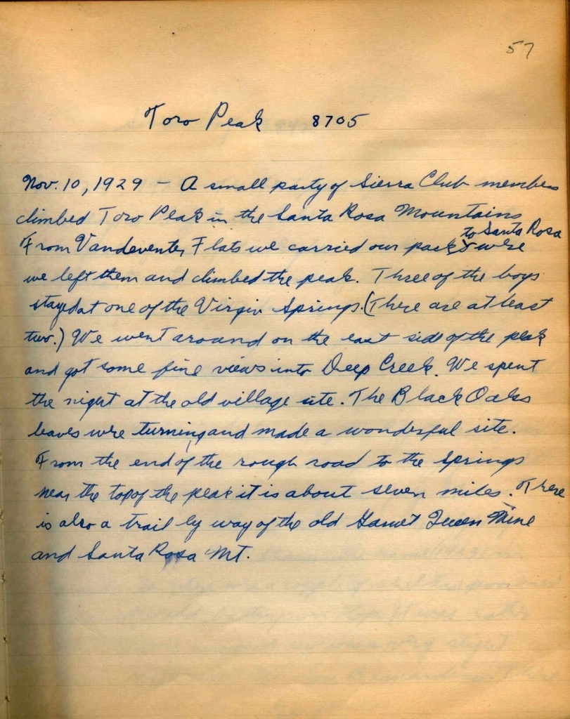 Glen Dawson account of ascent of Toro, 1929